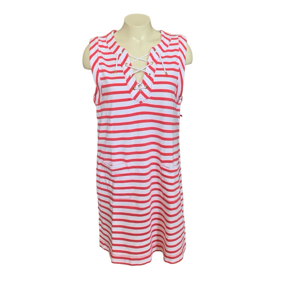 Kate Spade 100% Cotton Sleeveless Red and White Stripped Dress in Size Large